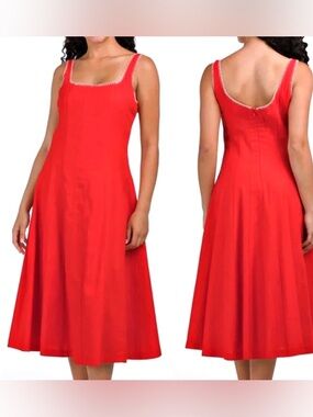 Caroline Constas Whipstitch Trim A-Line Linen Blend Midi Dress